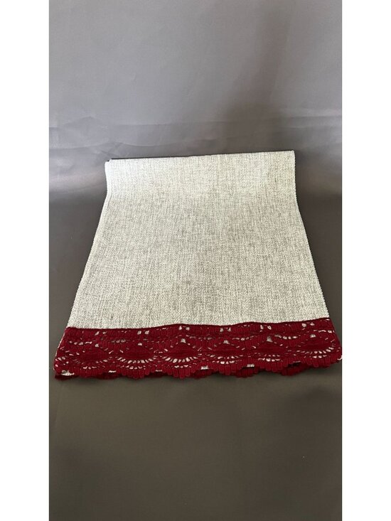 Other - Elegant Gray Cotton Table Runner With Burgundy Lace Edge
